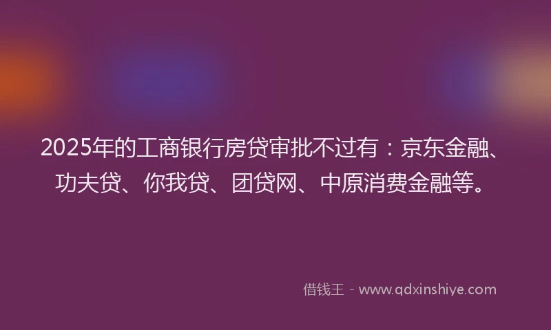 2025年的工商银行房贷审批不过有：京东金融、功夫贷、你我贷、团贷网、中原消费金融等。
