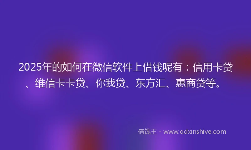 2025年的如何在微信软件上借钱呢有：信用卡贷、维信卡卡贷、你我贷、东方汇、惠商贷等。