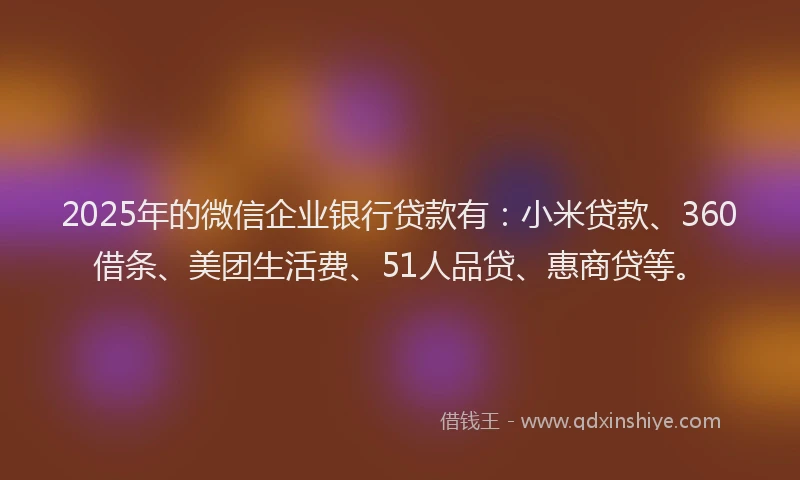 2025年的微信企业银行贷款有：小米贷款、360借条、美团生活费、51人品贷、惠商贷等。