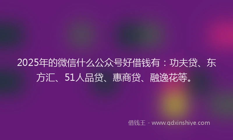 2025年的微信什么公众号好借钱有：功夫贷、东方汇、51人品贷、惠商贷、融逸花等。