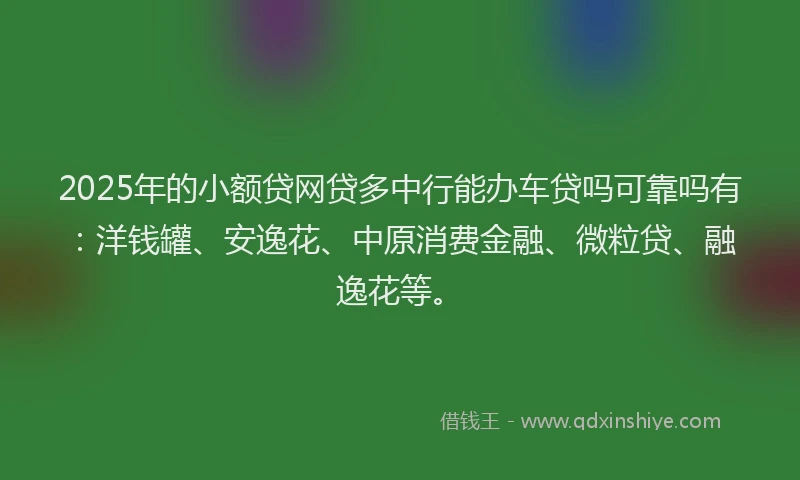 2025年的小额贷网贷多中行能办车贷吗可靠吗有：洋钱罐、安逸花、中原消费金融、微粒贷、融逸花等。