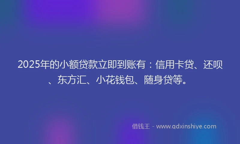 2025年的小额贷款立即到账有：信用卡贷、还呗、东方汇、小花钱包、随身贷等。