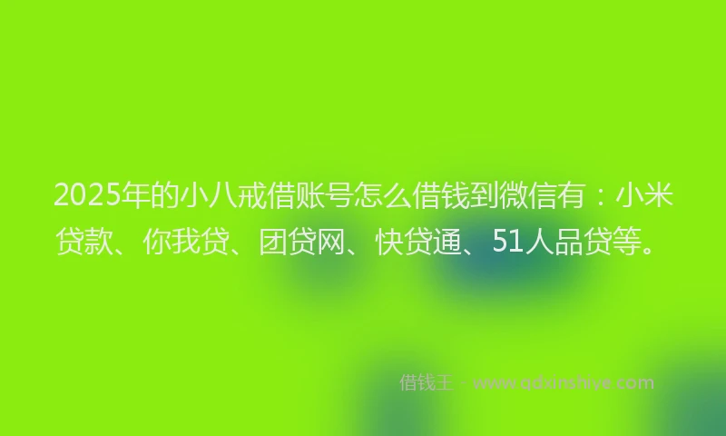 2025年的小八戒借账号怎么借钱到微信有：小米贷款、你我贷、团贷网、快贷通、51人品贷等。