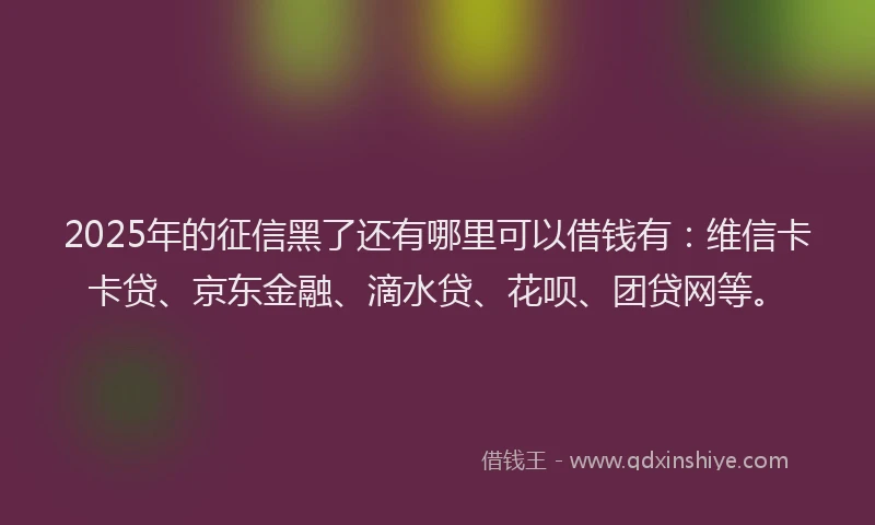 2025年的征信黑了还有哪里可以借钱有：维信卡卡贷、京东金融、滴水贷、花呗、团贷网等。