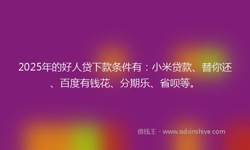 2025年的好人贷下款条件有：小米贷款、替你还、百度有钱花、分期乐、省呗等。