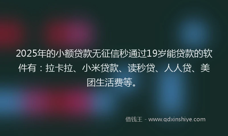 2025年的小额贷款无征信秒通过19岁能贷款的软件有：拉卡拉、小米贷款、读秒贷、人人贷、美团生活费等。