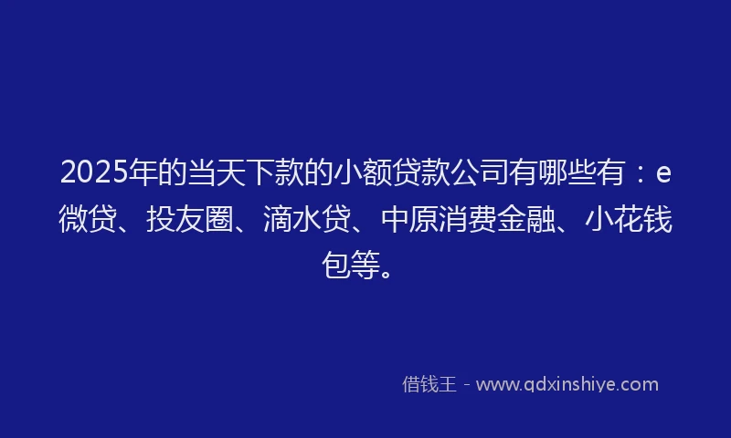 2025年的当天下款的小额贷款公司有哪些有：e微贷、投友圈、滴水贷、中原消费金融、小花钱包等。