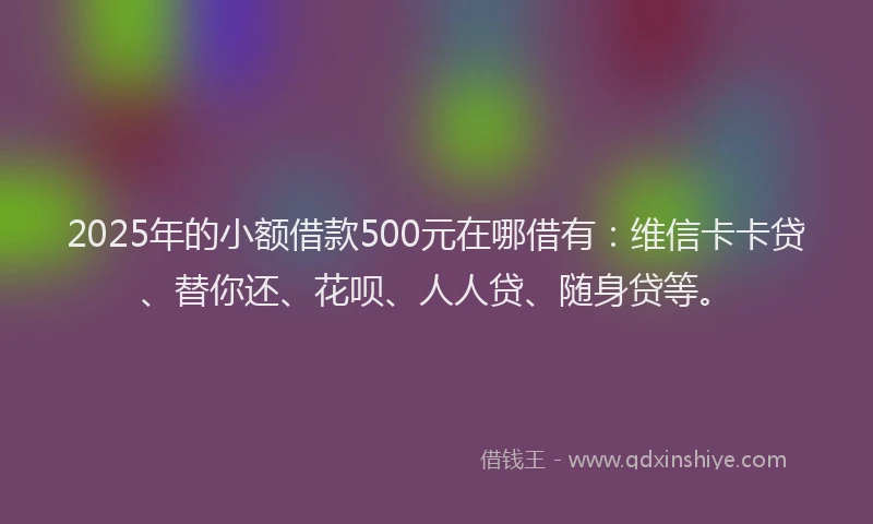 2025年的小额借款500元在哪借有：维信卡卡贷、替你还、花呗、人人贷、随身贷等。