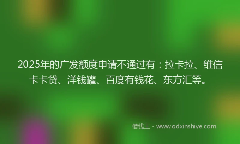 2025年的广发额度申请不通过有：拉卡拉、维信卡卡贷、洋钱罐、百度有钱花、东方汇等。