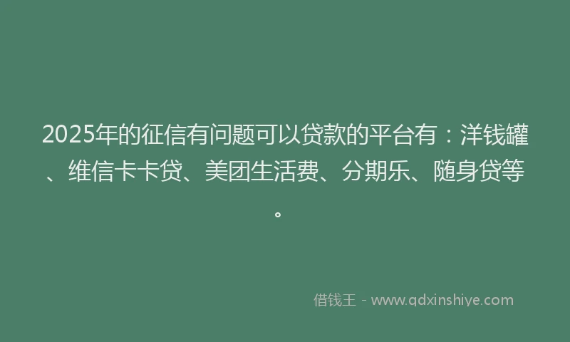 2025年的征信有问题可以贷款的平台有：洋钱罐、维信卡卡贷、美团生活费、分期乐、随身贷等。