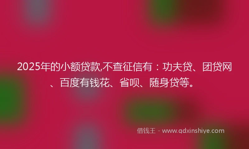 2025年的小额贷款,不查征信有：功夫贷、团贷网、百度有钱花、省呗、随身贷等。
