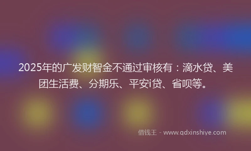 2025年的广发财智金不通过审核有：滴水贷、美团生活费、分期乐、平安i贷、省呗等。
