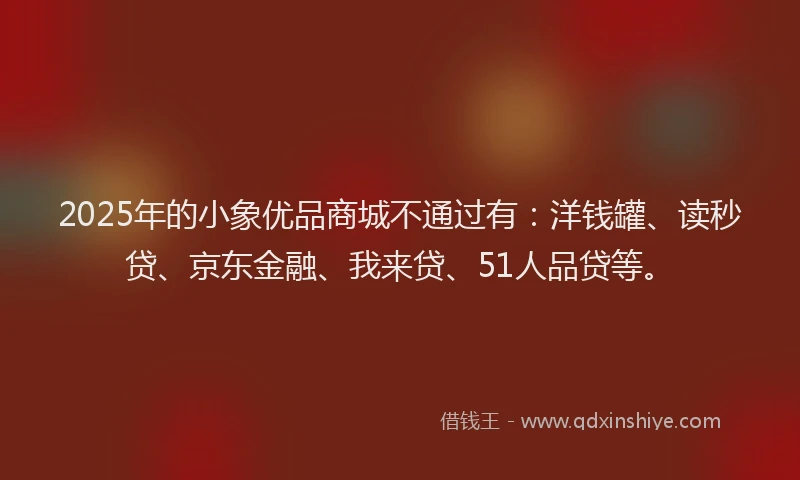 2025年的小象优品商城不通过有：洋钱罐、读秒贷、京东金融、我来贷、51人品贷等。