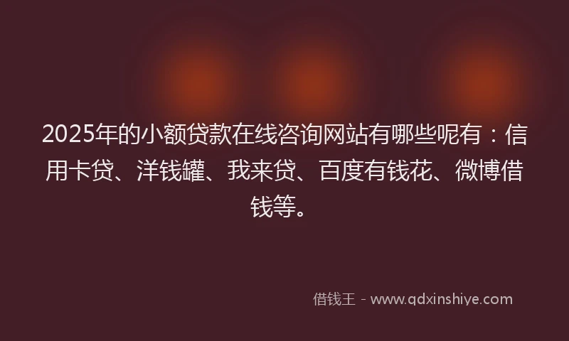 2025年的小额贷款在线咨询网站有哪些呢有：信用卡贷、洋钱罐、我来贷、百度有钱花、微博借钱等。