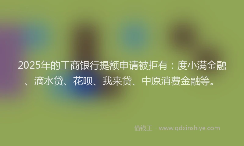 2025年的工商银行提额申请被拒有：度小满金融、滴水贷、花呗、我来贷、中原消费金融等。