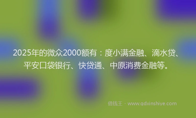 2025年的微众2000额有：度小满金融、滴水贷、平安口袋银行、快贷通、中原消费金融等。