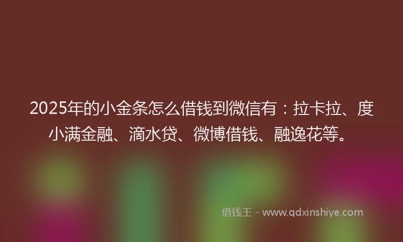 2025年的小金条怎么借钱到微信有：拉卡拉、度小满金融、滴水贷、微博借钱、融逸花等。