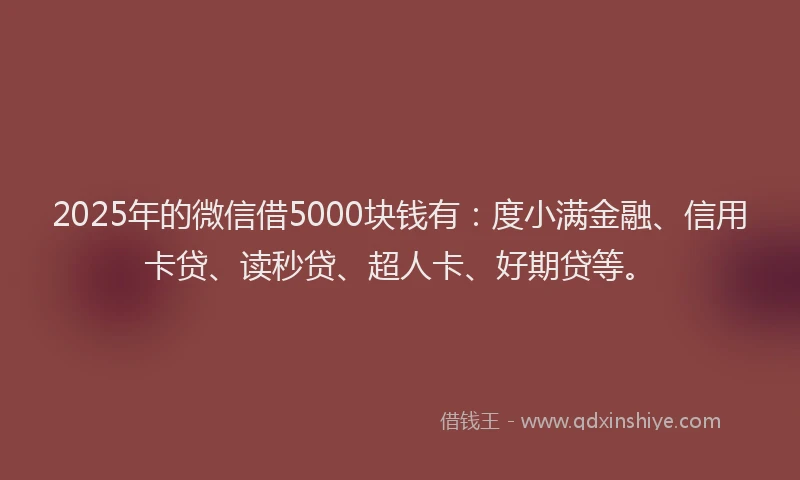 2025年的微信借5000块钱有：度小满金融、信用卡贷、读秒贷、超人卡、好期贷等。