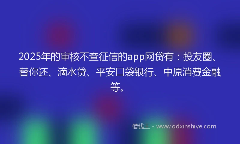 2025年的审核不查征信的app网贷有：投友圈、替你还、滴水贷、平安口袋银行、中原消费金融等。