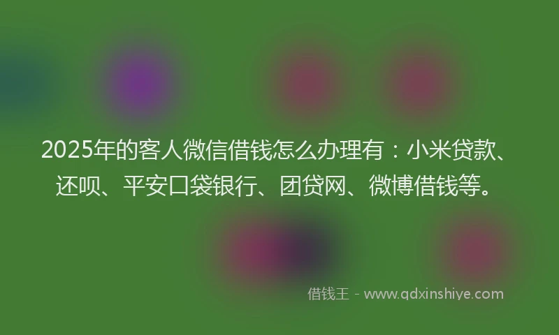 2025年的客人微信借钱怎么办理有：小米贷款、还呗、平安口袋银行、团贷网、微博借钱等。