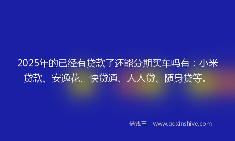 2025年的已经有贷款了还能分期买车吗有：小米贷款、安逸花、快贷通、人人贷、随身贷等。