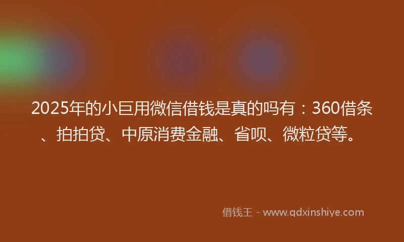 2025年的小巨用微信借钱是真的吗有：360借条、拍拍贷、中原消费金融、省呗、微粒贷等。