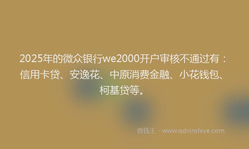2025年的微众银行we2000开户审核不通过有：信用卡贷、安逸花、中原消费金融、小花钱包、柯基贷等。
