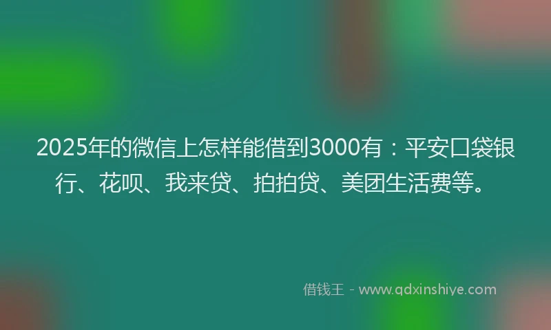 2025年的微信上怎样能借到3000有：平安口袋银行、花呗、我来贷、拍拍贷、美团生活费等。