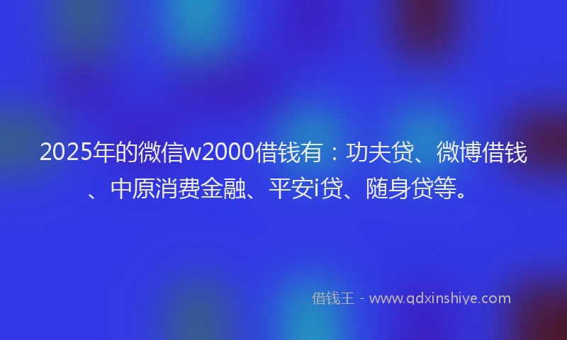2025年的微信w2000借钱有：功夫贷、微博借钱、中原消费金融、平安i贷、随身贷等。
