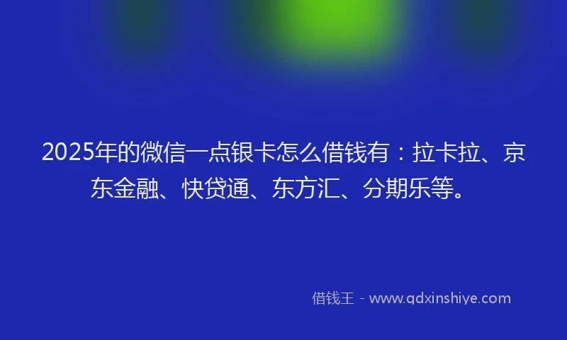2025年的微信一点银卡怎么借钱有：拉卡拉、京东金融、快贷通、东方汇、分期乐等。