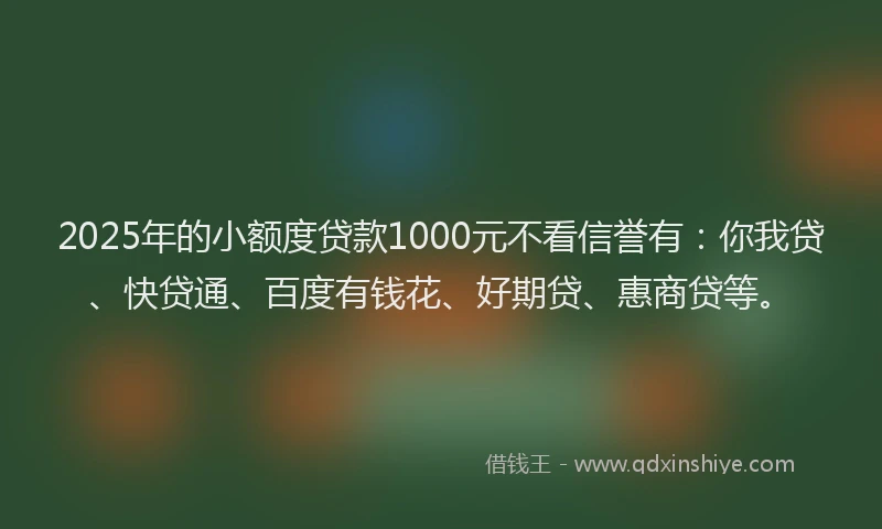 2025年的小额度贷款1000元不看信誉有：你我贷、快贷通、百度有钱花、好期贷、惠商贷等。