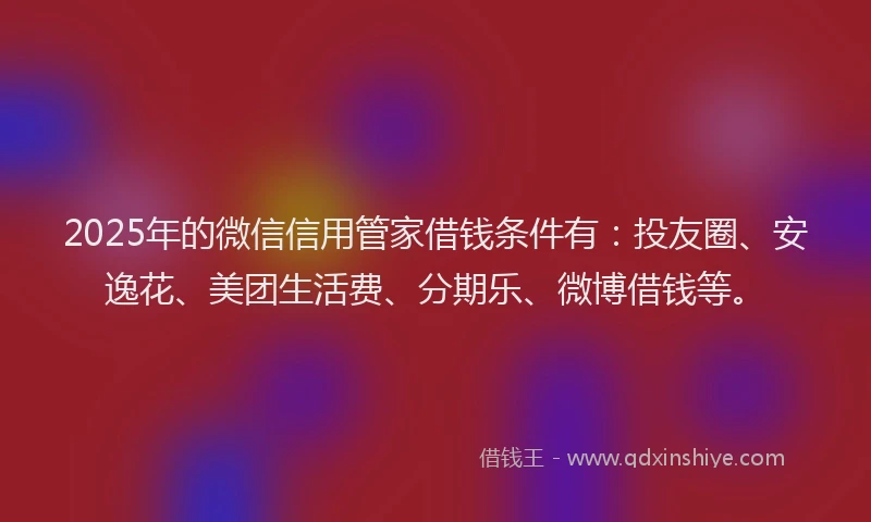 2025年的微信信用管家借钱条件有：投友圈、安逸花、美团生活费、分期乐、微博借钱等。