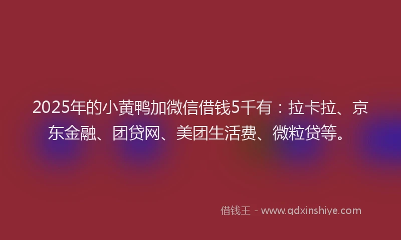 2025年的小黄鸭加微信借钱5千有：拉卡拉、京东金融、团贷网、美团生活费、微粒贷等。