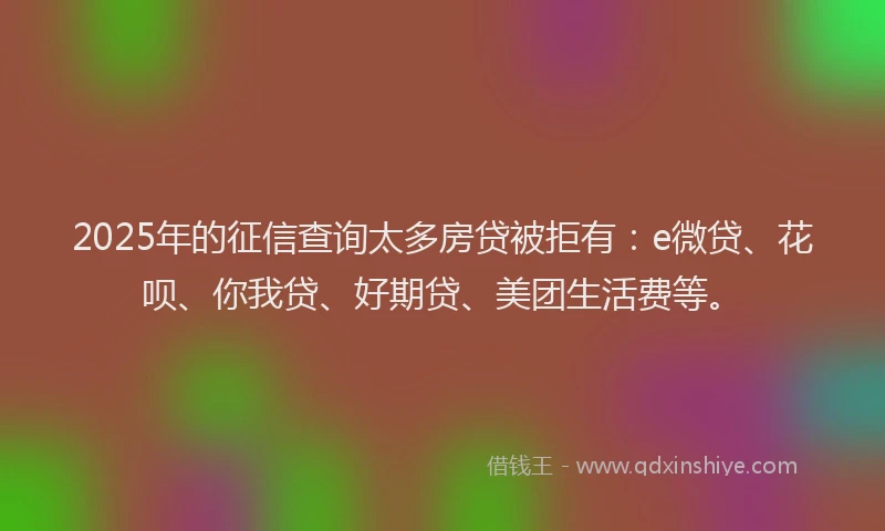2025年的征信查询太多房贷被拒有：e微贷、花呗、你我贷、好期贷、美团生活费等。