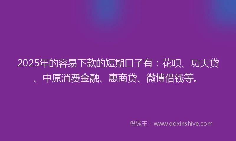 2025年的容易下款的短期口子有：花呗、功夫贷、中原消费金融、惠商贷、微博借钱等。