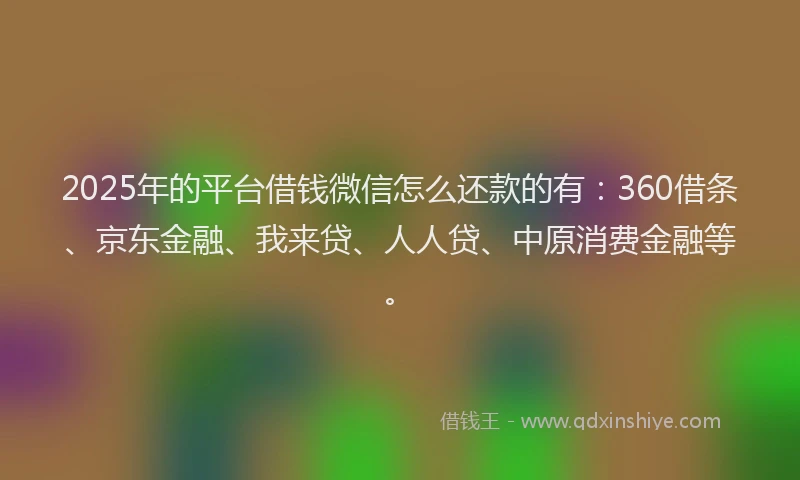2025年的平台借钱微信怎么还款的有：360借条、京东金融、我来贷、人人贷、中原消费金融等。