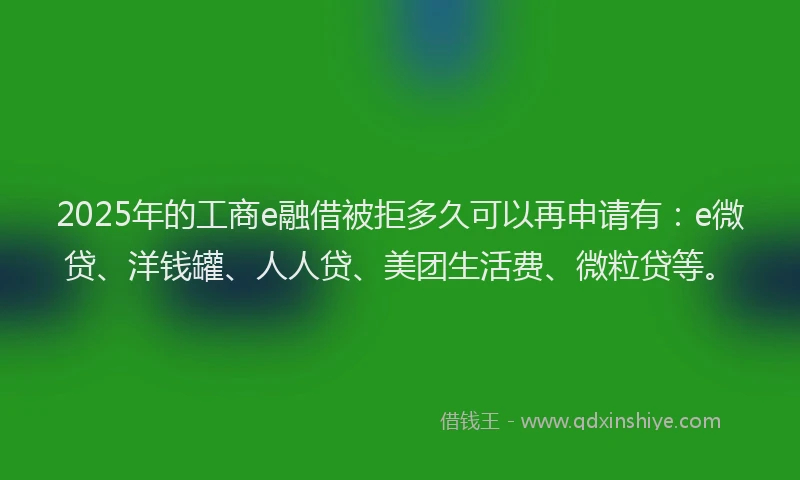 2025年的工商e融借被拒多久可以再申请有：e微贷、洋钱罐、人人贷、美团生活费、微粒贷等。