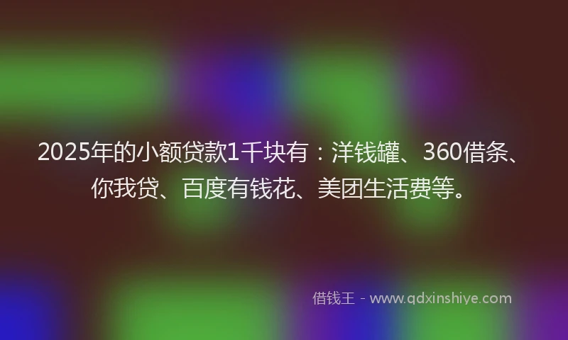 2025年的小额贷款1千块有：洋钱罐、360借条、你我贷、百度有钱花、美团生活费等。