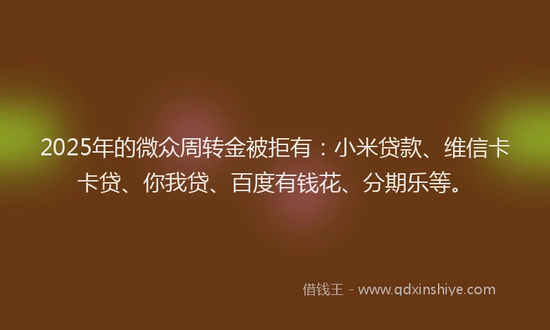 2025年的微众周转金被拒有：小米贷款、维信卡卡贷、你我贷、百度有钱花、分期乐等。