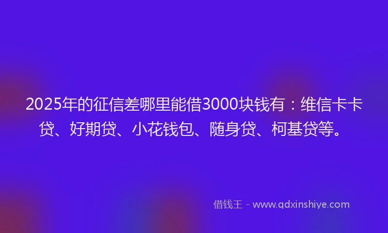 2025年的征信差哪里能借3000块钱有：维信卡卡贷、好期贷、小花钱包、随身贷、柯基贷等。