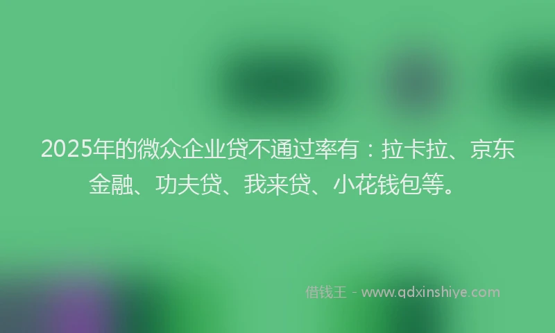 2025年的微众企业贷不通过率有：拉卡拉、京东金融、功夫贷、我来贷、小花钱包等。