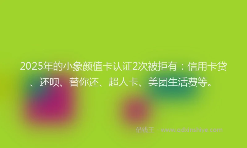 2025年的小象颜值卡认证2次被拒有：信用卡贷、还呗、替你还、超人卡、美团生活费等。