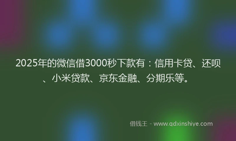 2025年的微信借3000秒下款有：信用卡贷、还呗、小米贷款、京东金融、分期乐等。