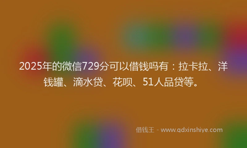 2025年的微信729分可以借钱吗有：拉卡拉、洋钱罐、滴水贷、花呗、51人品贷等。