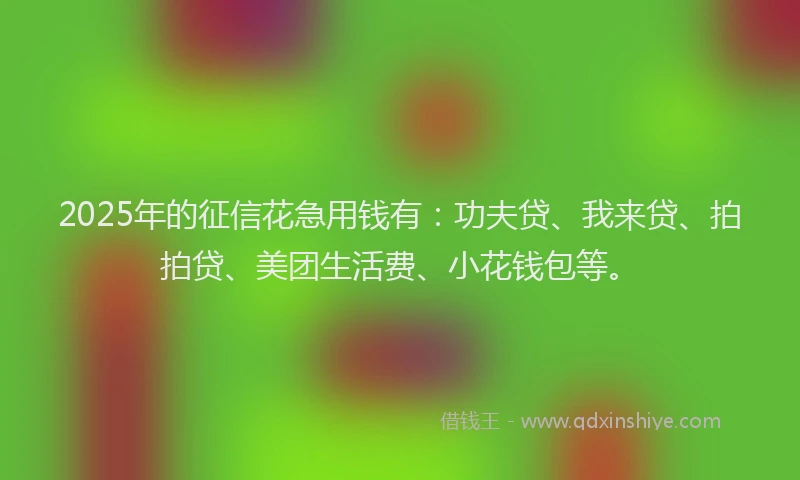 2025年的征信花急用钱有：功夫贷、我来贷、拍拍贷、美团生活费、小花钱包等。