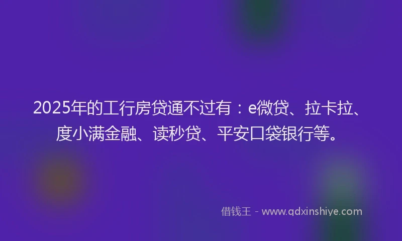 2025年的工行房贷通不过有：e微贷、拉卡拉、度小满金融、读秒贷、平安口袋银行等。