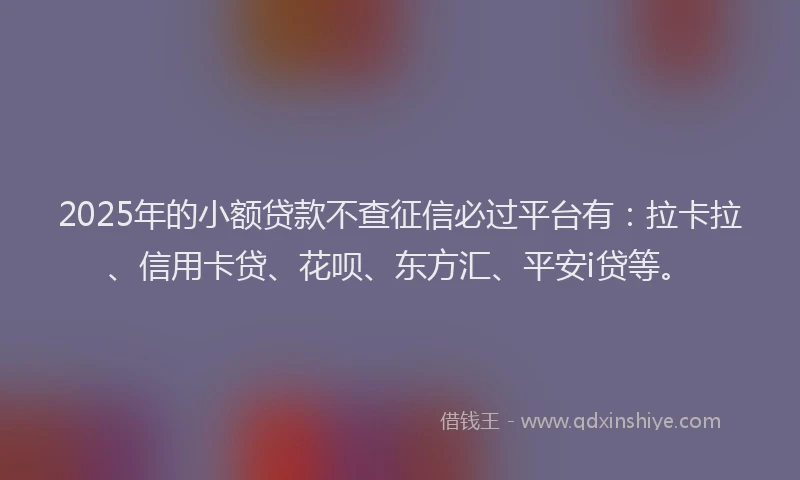 2025年的小额贷款不查征信必过平台有：拉卡拉、信用卡贷、花呗、东方汇、平安i贷等。