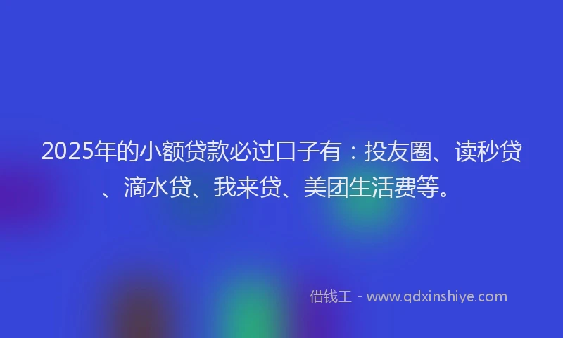 2025年的小额贷款必过口子有：投友圈、读秒贷、滴水贷、我来贷、美团生活费等。