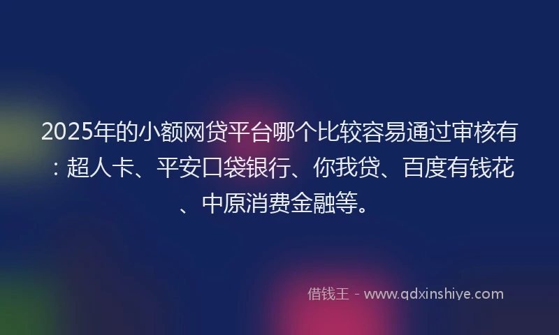 2025年的小额网贷平台哪个比较容易通过审核有：超人卡、平安口袋银行、你我贷、百度有钱花、中原消费金融等。