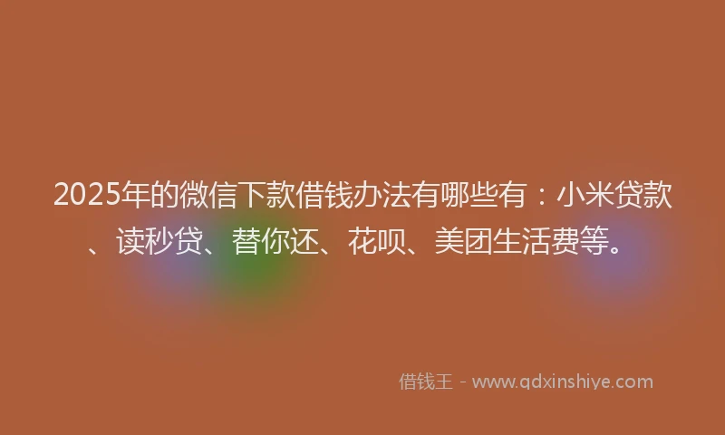 2025年的微信下款借钱办法有哪些有：小米贷款、读秒贷、替你还、花呗、美团生活费等。